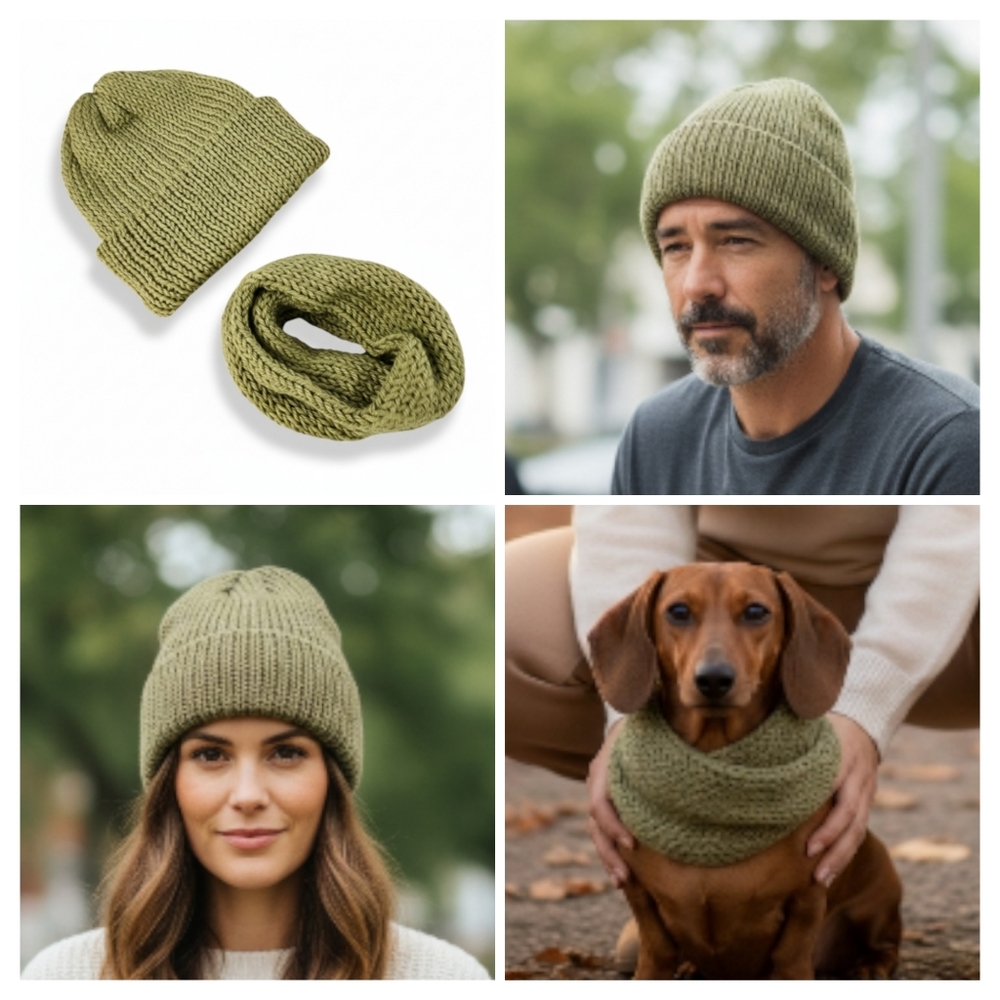 Dog Scarf and Human Hat - Matching Set (2 pieces) Hand Knit Handmade Knitted